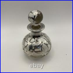 Antique Sterling Silver Overlay Glass Perfume Bottle Art Nouveau Empty Vintage