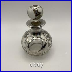 Antique Sterling Silver Overlay Glass Perfume Bottle Art Nouveau Empty Vintage