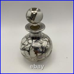 Antique Sterling Silver Overlay Glass Perfume Bottle Art Nouveau Empty Vintage