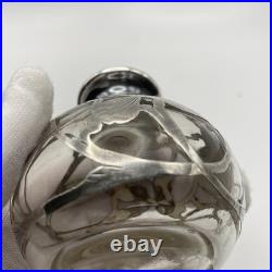 Antique Sterling Silver Overlay Glass Perfume Bottle Art Nouveau Empty Vintage