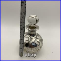 Antique Sterling Silver Overlay Glass Perfume Bottle Art Nouveau Empty Vintage