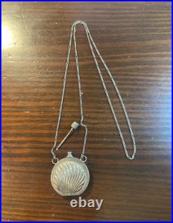 Antique Sterling Silver Repousse Perfume Bottle Decanter on 12 Silver Chain