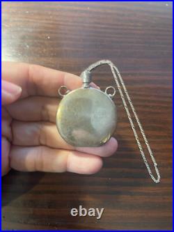 Antique Sterling Silver Repousse Perfume Bottle Decanter on 12 Silver Chain