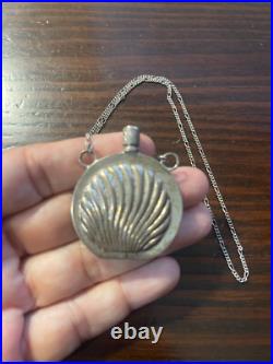 Antique Sterling Silver Repousse Perfume Bottle Decanter on 12 Silver Chain