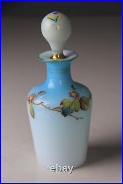 Antique Victorian Blue to White Art Glass Perfume Bottle with Enameled Decoration