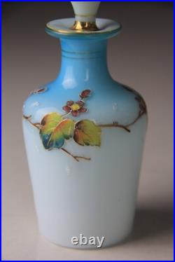 Antique Victorian Blue to White Art Glass Perfume Bottle with Enameled Decoration