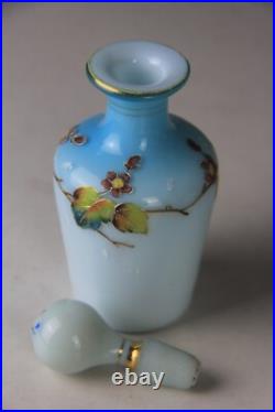 Antique Victorian Blue to White Art Glass Perfume Bottle with Enameled Decoration