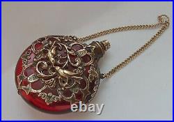 Antique Victorian Cranberry Gold Guilded Chatelaine Scent Perfume Bottle C1880s