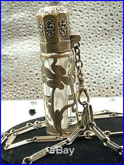Antique Victorian Edwardian Sterling Silver Perfume Bottle on Chain Necklace So