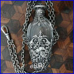 Antique Victorian Perfume Bottle Vinaigrette Chatelaine Reticulated Silverplate