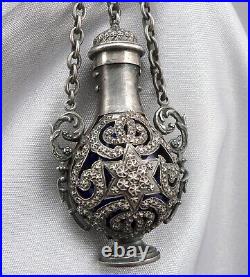 Antique Victorian STERLING Silver Cobalt Blue Glass Chatelaine Bottle Perfume