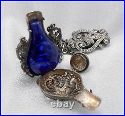 Antique Victorian STERLING Silver Cobalt Blue Glass Chatelaine Bottle Perfume