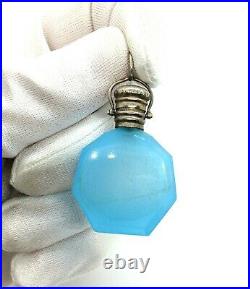 Antique Victorian Silver Blue Chalcedony Glass Scent Bottle Chatelaine Pendant