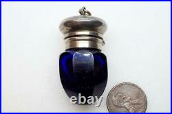 Antique Victorian Silver Bristol / Cobalt Blue Glass Vinaigrette Scent Bottle