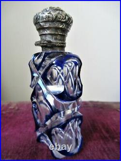 Antique Victorian Silver & Glass Overlay Perfume Scent Bottle Blue