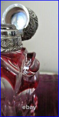 Antique Victorian Silver & Glass Overlay Perfume Scent Bottle Red