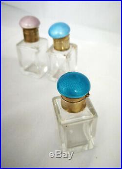 Antique Vintage Art Deco Sterling Silver Perfume Bottle Set Guilloche Enamel