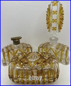 Antique Vintage Bohemian Art Deco Perfume Vanity Set Of 3 Amber Cut Glass 1930s