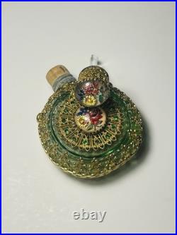 Antique Vintage Czech Green Jeweled Enameled Emerald glass Perfume Bottle