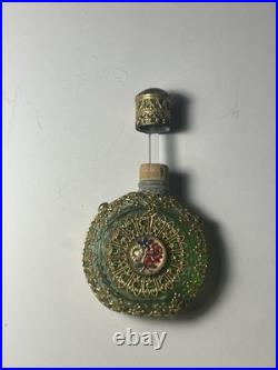 Antique Vintage Czech Green Jeweled Enameled Emerald glass Perfume Bottle