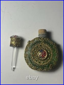 Antique Vintage Czech Green Jeweled Enameled Emerald glass Perfume Bottle