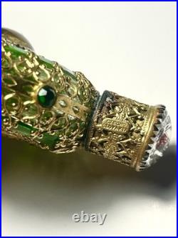 Antique Vintage Czech Green Jeweled Enameled Emerald glass Perfume Bottle