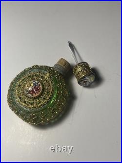 Antique Vintage Czech Green Jeweled Enameled Emerald glass Perfume Bottle