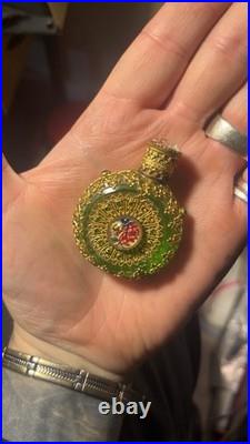 Antique Vintage Czech Green Jeweled Enameled Emerald glass Perfume Bottle
