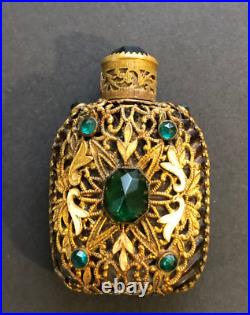 Antique Vintage Czech Green Jeweled Enameled Perfume Bottle