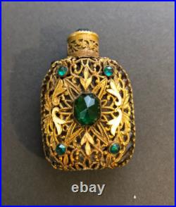 Antique Vintage Czech Green Jeweled Enameled Perfume Bottle