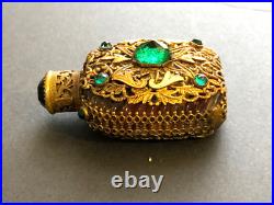 Antique Vintage Czech Green Jeweled Enameled Perfume Bottle