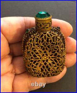 Antique Vintage Czech Green Jeweled Enameled Perfume Bottle