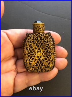 Antique Vintage Czech Green Jeweled Enameled Perfume Bottle