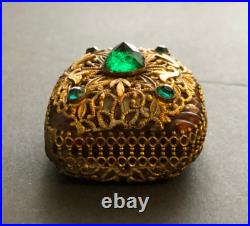 Antique Vintage Czech Green Jeweled Enameled Perfume Bottle