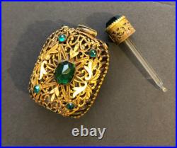 Antique Vintage Czech Green Jeweled Enameled Perfume Bottle