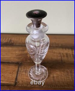 Antique Vintage Edwardian Etched Floral Perfume Bottle Guilloche Enamel Stopper