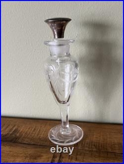 Antique Vintage Edwardian Etched Floral Perfume Bottle Guilloche Enamel Stopper