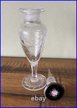 Antique Vintage Edwardian Etched Floral Perfume Bottle Guilloche Enamel Stopper