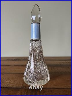 Antique Vintage Etched Perfume Bottle Blue Guilloche Neck Diamond Pattern Stoppe