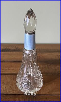 Antique Vintage Etched Perfume Bottle Blue Guilloche Neck Diamond Pattern Stoppe