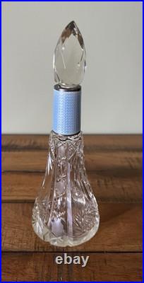 Antique Vintage Etched Perfume Bottle Blue Guilloche Neck Diamond Pattern Stoppe