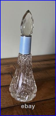 Antique Vintage Etched Perfume Bottle Blue Guilloche Neck Diamond Pattern Stoppe