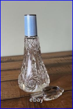 Antique Vintage Etched Perfume Bottle Blue Guilloche Neck Diamond Pattern Stoppe