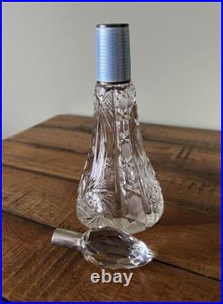 Antique Vintage Etched Perfume Bottle Blue Guilloche Neck Diamond Pattern Stoppe