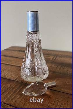 Antique Vintage Etched Perfume Bottle Blue Guilloche Neck Diamond Pattern Stoppe