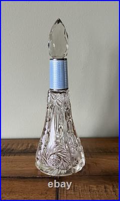 Antique Vintage Etched Perfume Bottle Blue Guilloche Neck Diamond Pattern Stoppe Antique Vintage Etched Perfume Bottle Blue Guilloche Neck Diamond Pattern Stoppe