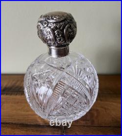Antique Vintage Etched Perfume Bottle Sterling Repousse Lid Antique Vintage Etched Perfume Bottle Sterling Repousse Lid