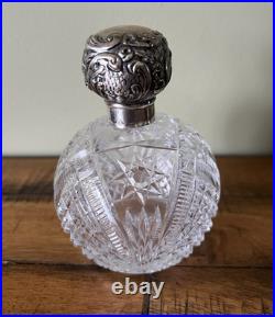 Antique Vintage Etched Perfume Bottle Sterling Repousse Lid Antique Vintage Etched Perfume Bottle Sterling Repousse Lid