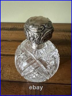 Antique Vintage Etched Perfume Bottle Sterling Repousse Lid Antique Vintage Etched Perfume Bottle Sterling Repousse Lid