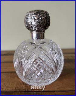 Antique Vintage Etched Perfume Bottle Sterling Repousse Lid Antique Vintage Etched Perfume Bottle Sterling Repousse Lid